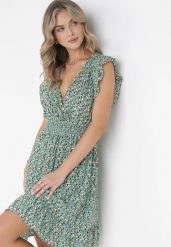 Zielona Sukienka Mini z Wiskozy z Gumką w Talii i Falbankami Matthes. Zielone sukienki damskie Born2be, bez wzorów, z wiskozy, bez ramiączek. Za 89.99 zł.