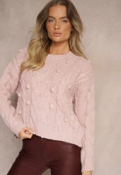 Różowy Sweter z Wełną i Wiskozą Ozdobiony Tłoczeniem i Kulkami Vaiannae. Czerwone swetry klasyczne damskie Renee, na zimę, m, z wełny, bez kołnierzyka. Za 84.99 zł.
