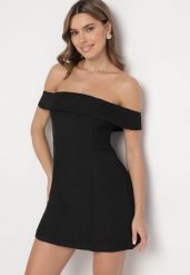 Czarna Taliowana Sukienka z Dekoltem Bandeau z Zakładką Zelzemis. Czarne sukienki damskie Born2be, bez wzorów, eleganckie, bez ramiączek. Za 169.99 zł.