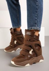 Brązowe Sneakersy na Koturnie z Zapięciem na Rzep Liriam. Brązowe obuwie sportowe damskie Born2be, bez zapięcia. Za 109.99 zł.