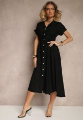 Czarna Wiskozowa Sukienka Koszulowa z Guzikami i Wiązaniem w Talii Velazia. Czarne sukienki damskie Renee, bez wzorów, z materiału, eleganckie, bez ramiączek. W wyprzedaży za 107.99 zł.