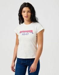 WRANGLER DAMSKA KOSZULKA WRANGLER SHRUNKEN BAND TEE WORN WHITE 112355334. Białe koszulki damskie Wrangler, s, bez wzorów, bez kołnierzyka, bez ramiączek. Za 89.99 zł.