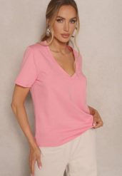 Różowy T-shirt z Bawełny z Dekoltem w Serek Nindriela. Czerwone t-shirty damskie Renee, m, bez wzorów, z bawełny, bez kołnierzyka. Za 39.99 zł.
