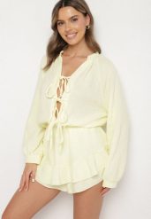 Żółty Wiązany Bawełniany Kombinezon Boho z Falbankami i Wiązaniem Lalelia. Żółte sukienki damskie Born2be, bez wzorów, z bawełny, boho, bez ramiączek. W wyprzedaży za 127.49 zł.