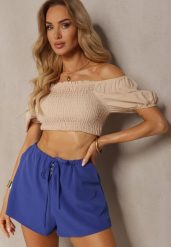 Granatowe Szorty High Waist z Gumką w Talii Virasa. Niebieskie szorty damskie Renee, bez wzorów, z materiału, z podwyższonym stanem. Za 39.99 zł.