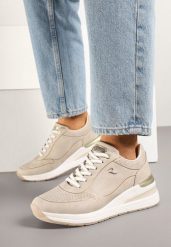 Beżowe Sneakersy na Koturnie z Ozdobnymi Tłoczeniami Maroriella. Brązowe obuwie sportowe damskie Born2be, z jeansu, bez zapięcia. Za 129.99 zł.