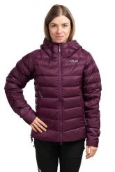 Kurtka trekkingowa Electron Pro Hoody Women. Fioletowe kurtki damskie RAB, na zimę, l, bez wzorów, z puchu, bez kaptura. Za 1,636.50 zł.