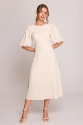 Elegancka sukienka koktajlowa z bufiastymi rękawami kremowa. Białe sukienki damskie Stylove, bez wzorów, z elastanu, eleganckie, bez ramiączek. Za 489.00 zł.