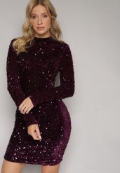Fioletowa Dopasowana Sukienka Mini z Półgolfem Zdobiona Cekinami Jurottja. Fioletowe sukienki damskie Born2be, z aplikacjami, bez ramiączek. W wyprzedaży za 161.49 zł.