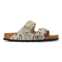 BIRKENSTOCK Arizona Print LEVE Snake Oyster Klapki damskie. Brązowe klapki damskie Birkenstock, bez wzorów, z denimu, bez obcasa, bez zapięcia. Za 529.99 zł.