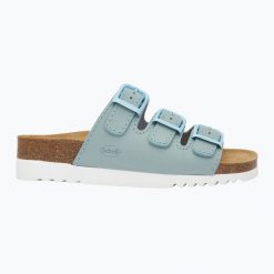 Klapki damskie Scholl Rio Wedge Ad Med. Niebieskie klapki damskie Scholl, bez wzorów, bez obcasa, bez zapięcia. Za 279.99 zł.