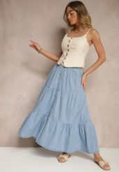 Niebieska Jeansowa Spódnica z Bawełny o Rozkloszowanym Kroju z Paskiem i Guziczkami Nattenira. Niebieskie spódnice damskie Renee, na co dzień, m, bez wzorów, z bawełny, eleganckie, maxi. Za 119.99 zł.