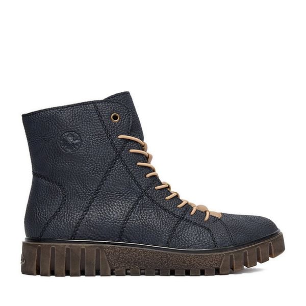 Trzewiki Rieker. Niebieskie botki damskie Rieker, bez obcasa, na płaskiej podeszwie, bez zapięcia. Za 269.99 zł.