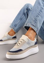 Beżowo-Niebieskie Sneakersy na Platformie Ozdobione Tweedowymi Wstawkami i Cyrkoniami Eganna. Brązowe obuwie sportowe damskie Renee, bez zapięcia. Za 79.99 zł.