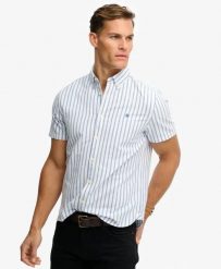 Superdry Koszula Preppy Oxford krótki rękaw z bawełny organicznej – Blue Beach. Niebieskie koszule damskie Superdry, s, bez wzorów, z bawełny, klasyczne, bez kołnierzyka, bez ramiączek. Za 280.40 zł.