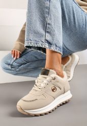 Beżowe Płaskie Sznurowane Sneakersy Ocieplane Ozdobione Metalicznymi Aplikacjami Cyrirra. Brązowe obuwie sportowe damskie Born2be, z jeansu, bez zapięcia. Za 119.99 zł.