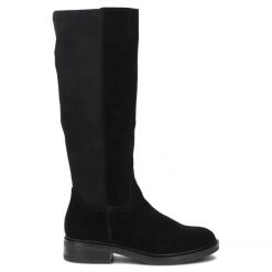 Skórzane kozaki ze streczem czarne Filippo DKZ8222. Czarne kozaki damskie Filippo, ze skóry, bez obcasa, bez zapięcia. Za 339.99 zł.