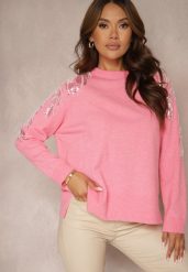 Różowy Sweter z Wiskozą i Modalem Ozdobiony Cekinami i Perłami Iveara. Czerwone swetry klasyczne damskie Renee, na zimę, z wiskozy, bez kołnierzyka. Za 99.99 zł.