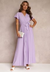 Fioletowa Koktajlowa Maxi Sukienka Ozdobiona Plisami z Trójkątnym Dekoltem i Wiązaniem w Talii Phoelia. Fioletowe sukienki damskie Renee, bez wzorów, eleganckie, bez ramiączek. W wyprzedaży za 67.99 zł.
