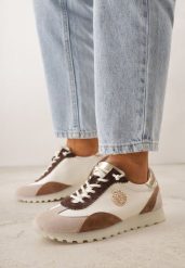 Beżowo-Złote Skórzane Sneakersy z Metaliczną Ozdobą Rioneira. Brązowe obuwie sportowe damskie Born2be, z dresówki, bez zapięcia. Za 179.99 zł.