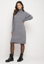 Szara Sweterkowa Sukienka z Golfem Wełną i Bawełną Ozdobiona Splotem Reiania. Szare sukienki damskie Born2be, bez wzorów, z bawełny, biznesowe, bez ramiączek. Za 79.99 zł.