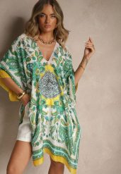 Żółte Ponczo Narzutka z Wiskozy i Jedwabiu w Stylu Boho Acera. Żółte swetry klasyczne damskie Renee, na lato, z materiału, bez kołnierzyka. Za 39.99 zł.