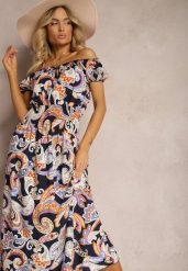Granatowa Sukienka na Lato z Bawełny w Stylu Boho Hiszpanki Lenadia. Niebieskie sukienki damskie Renee, bez wzorów, z bawełny, boho, bez ramiączek. W wyprzedaży za 45.49 zł.