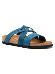 Comfortfusse Skórzane klapki w kolorze granatowym rozmiar: 36. Niebieskie klapki damskie Comfortfüße, bez wzorów, z materiału, z otwartym noskiem, bez obcasa, bez zapięcia. Za 252.99 zł.