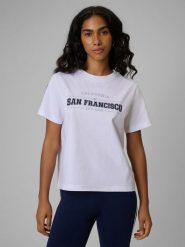 4F T-shirt boxy z nadrukiem damski - biały L. Białe t-shirty damskie 4F, l, bez wzorów, z jeansu, bez kołnierzyka. W wyprzedaży za 59.99 zł.