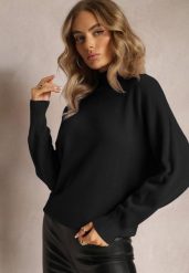 Czarny Golf Basic z Gładkiej Dzianiny Onda. Czarne golfy damskie Renee, bez wzorów, z dzianiny, bez ramiączek. Za 79.99 zł.