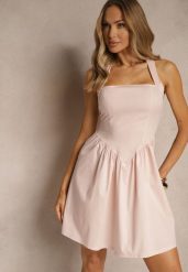 Różowa Rozkloszowana Sukienka z Bawełny z Paskiem Wokół Szyi Kolanora. Czerwone sukienki damskie Renee, bez wzorów, z bawełny, eleganckie, bez ramiączek. W wyprzedaży za 63.99 zł.