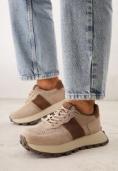 Ciemnobeżowe Sneakersy z Zamszu Naturalnego z Perforacją na Grubej Podeszwie Cezarisse. Brązowe obuwie sportowe damskie Born2be, z jeansu, bez zapięcia. Za 259.99 zł.