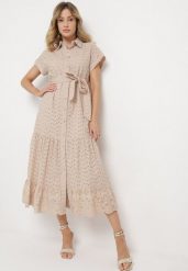 Beżowa Sukienka Bawełniana z Ażurowym Wzorem i Wiązanym Paskiem Kelilena. Brązowe sukienki damskie Born2be, w ażurowe wzory, z bawełny, eleganckie, bez ramiączek. Za 259.99 zł.