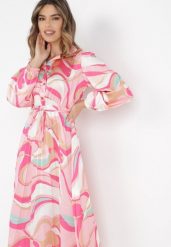 Fuksjowa Sukienka Dynaia. Czerwone sukienki damskie Born2be, bez wzorów, z materiału, eleganckie, bez ramiączek. W wyprzedaży za 152.99 zł.