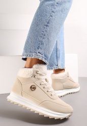 Beżowe Zimowe Sneakersy ze Sztucznym Futerkiem Turelia. Brązowe obuwie sportowe damskie Renee, na zimę, z dzianiny, bez zapięcia. Za 99.99 zł.