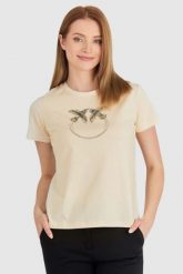 PINKO Beżowy t-shirt damski z logo z cekinów. Brązowe t-shirty damskie Pinko, s, bez wzorów, prążkowane, bez kołnierzyka. W wyprzedaży za 359.99 zł.