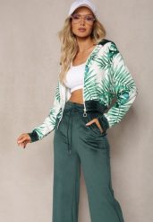 Ciemnozielony Komplet Dresowy Welurowy Bluza z Kapturem i Florystycznym Printem oraz Szerokie Luźne Spodnie Raiantise. Zielone bluzy damskie Renee, m, bez wzorów, z dresówki, z kapturem. Za 69.99 zł.