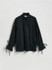 Lniana koszula z wiązaniami - czarny. Czarne koszule damskie Reserved, l, bez wzorów, z tkaniny, bez kołnierzyka, bez ramiączek. Za 199.99 zł.