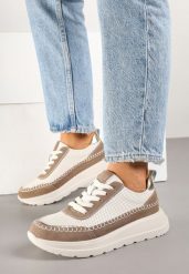 Beżowo-Brązowe Skórzane Sneakersy z Perforacją Przeszyciami i Metalicznymi Wstawkami Reimara. Brązowe obuwie sportowe damskie Born2be, z jeansu, bez zapięcia. Za 189.99 zł.