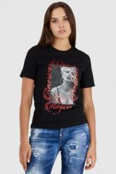 GUESS Czarny t-shirt damski z nadrukiem, Rozmiar XS. Czarne t-shirty damskie Guess, s, z aplikacjami, bez kołnierzyka. W wyprzedaży za 129.99 zł.