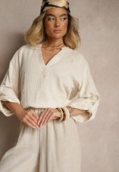 Jasnobeżowa Bluzka z Bawełny z Dekoltem w Kształcie Litery V i Kwiatowym Haftem Lisorella. Brązowe bluzki damskie Renee, l, bez wzorów, z bawełny, eleganckie, bez kołnierzyka, bez ramiączek. Za 59.99 zł.