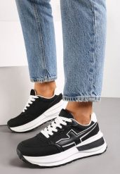 Czarno-Białe Sneakersy przed Kostkę na Platformie z Wstawką Evienne. Czarne obuwie sportowe damskie Renee, przed kostkę, bez zapięcia. Za 49.99 zł.