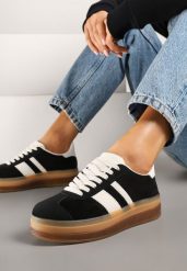 Czarne Sneakersy na Płaskiej Podeszwie z Ozdobnymi Paskami Velali. Czarne obuwie sportowe damskie Renee, z jeansu, bez zapięcia, tenisowe. Za 109.99 zł.