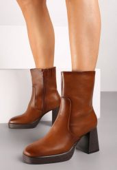 Brązowe Ocieplane Casualowe Botki na Słupku Verinnda. Brązowe botki damskie Renee, z jeansu, eleganckie, bez obcasa, na obcasie, bez zapięcia. Za 149.99 zł.