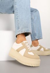 Ciemnobeżowe Sneakersy Typu Tenisówki na Żłobionej Platformie Lorreia. Brązowe obuwie sportowe damskie Renee, bez wzorów, z jeansu, bez zapięcia. Za 89.99 zł.