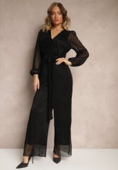 Czarny Kopertowy Kombinezon Ozdobiony Paskiem i Metaliczną Nicią Itarvia. Czarne sukienki damskie Renee, z aplikacjami, eleganckie, bez ramiączek. W wyprzedaży za 151.99 zł.