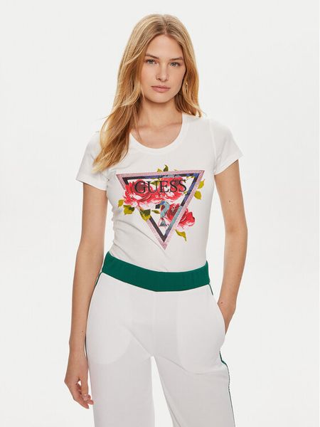 Guess T-Shirt W4YI71 J1314 Biały Regular Fit. Białe t-shirty damskie Guess, s, z aplikacjami, z bawełny, bez kołnierzyka. Za 89.99 zł.