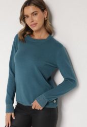 Niebieski Sweter z Guzikami z Boku Tusiana. Niebieskie swetry klasyczne damskie Born2be, z jeansu, bez kołnierzyka. Za 79.99 zł.