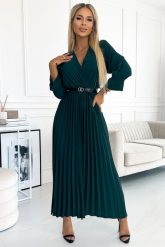 Elegancka Długa Sukienka z Plisowanym Dołem - Zielona. Zielone sukienki damskie NUMOCO, bez wzorów, z elastanu, eleganckie, bez ramiączek. Za 178.90 zł.