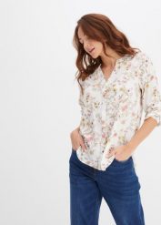 Bluzka z nadrukiem. Białe bluzki damskie bonprix, bez wzorów, eleganckie, bez kołnierzyka, bez ramiączek. Za 94.99 zł.